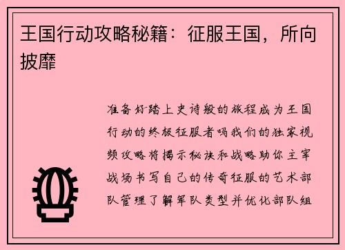 王国行动攻略秘籍：征服王国，所向披靡